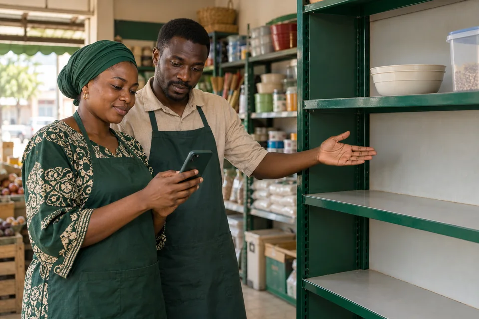 Scène illustrative : deux membres de l’équipe consultent une alerte sur un téléphone devant les rayons de leur boutique.