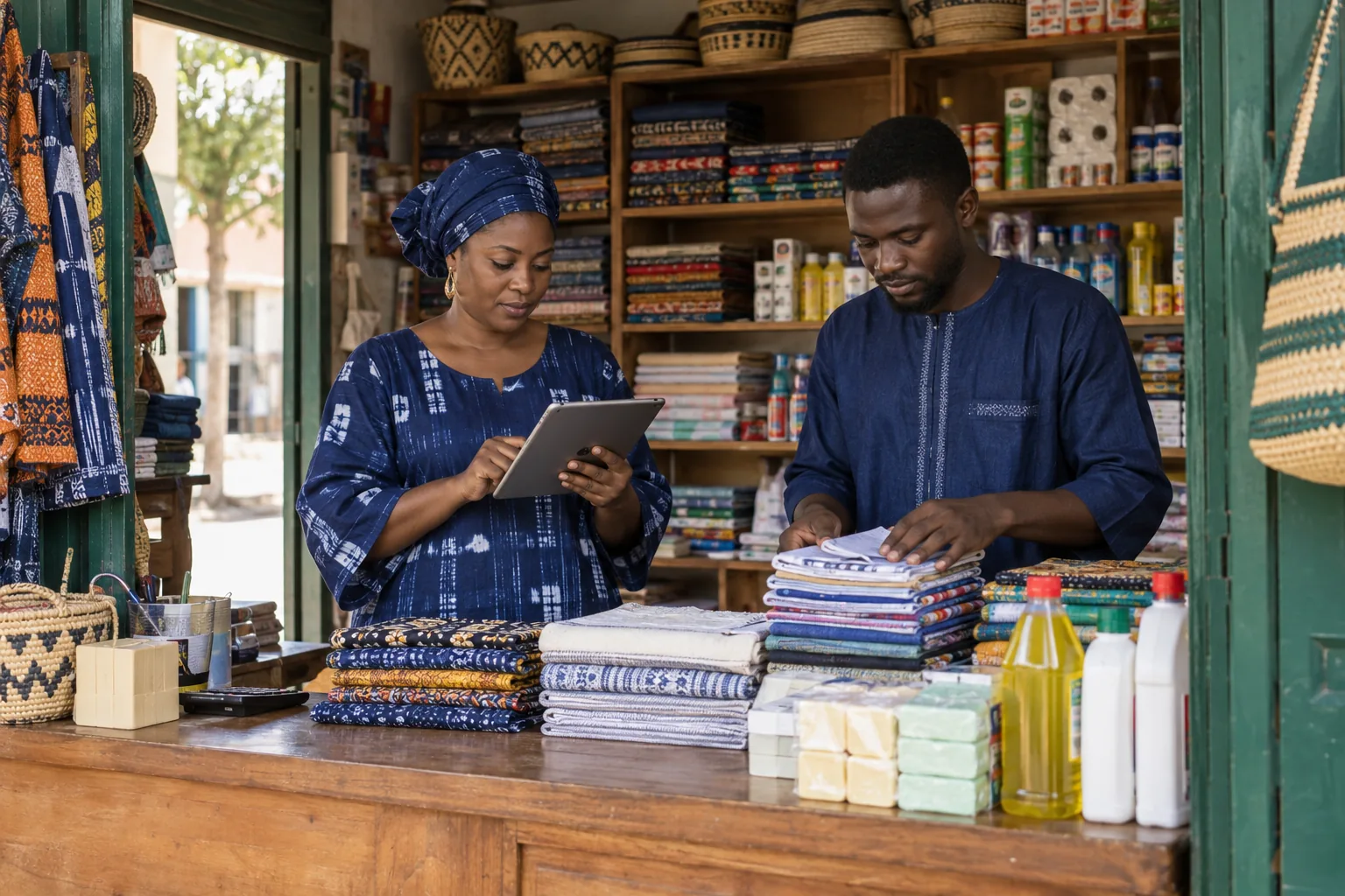 Scène illustrative : une commerçante consulte une tablette pendant que son collègue compte les produits au comptoir.