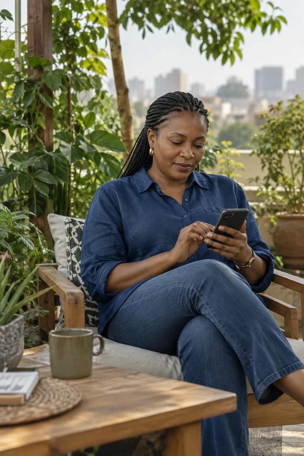 Scène illustrative : une propriétaire consulte son téléphone sur une terrasse, loin du comptoir de sa boutique.