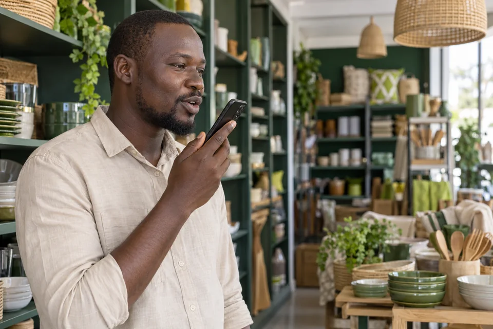 Scène illustrative : un commerçant sénégalais pose une question à son assistant en parlant dans son téléphone.